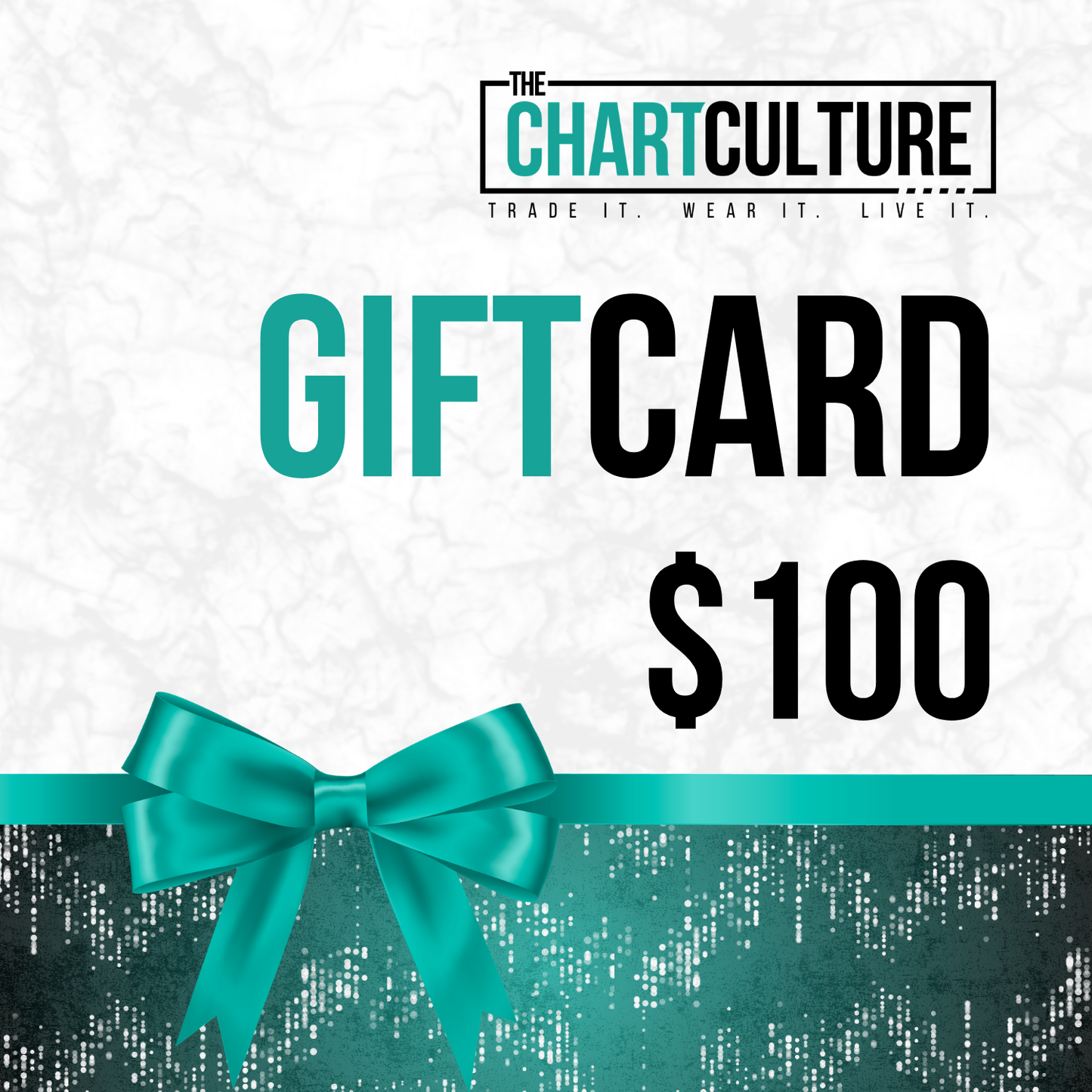 100 Dollar Gift card with teal bow and 'The Chart Culture' branding on a white background
